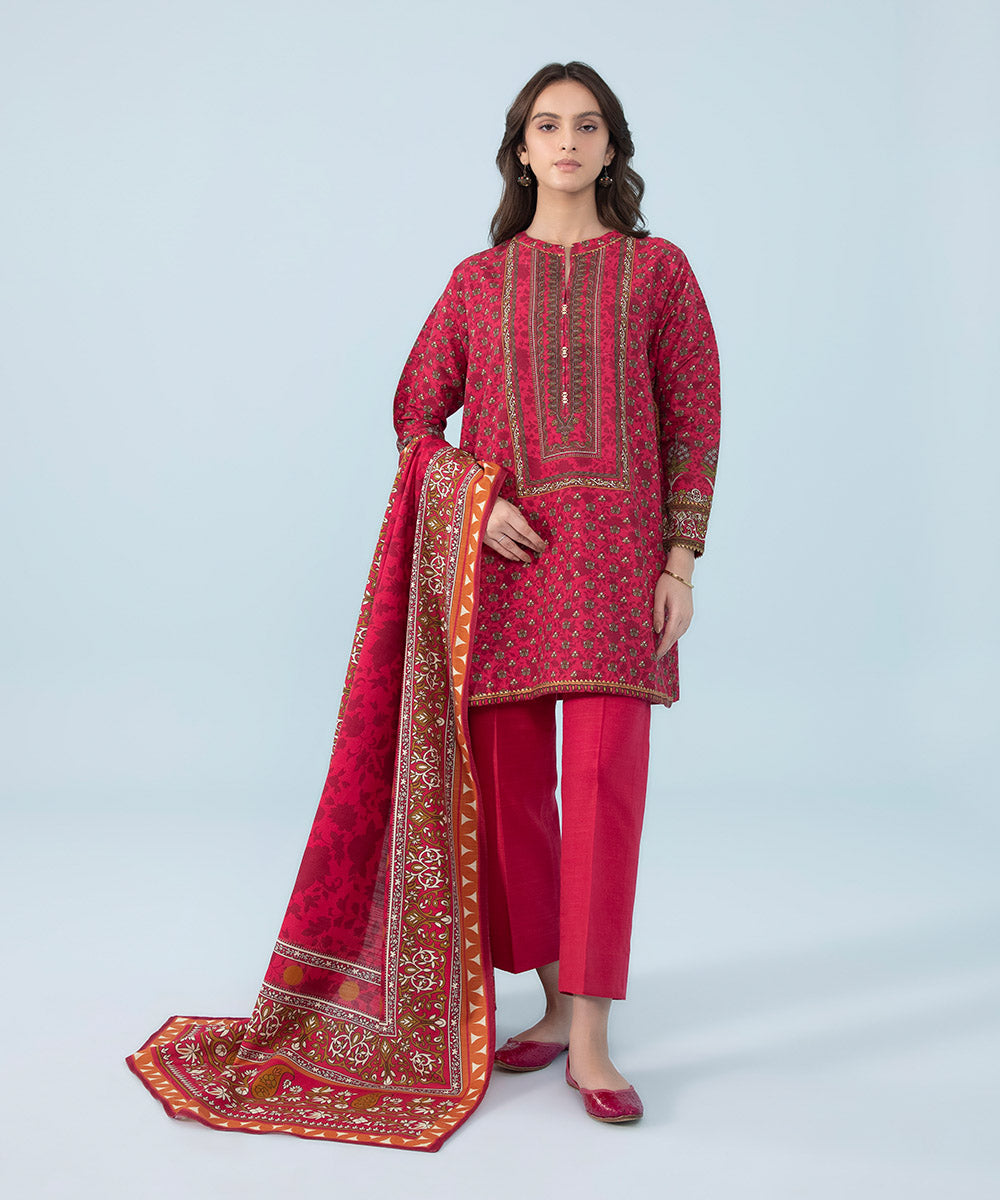 3 PIECE - PRINTED KHADDAR SUIT_Carmine Red