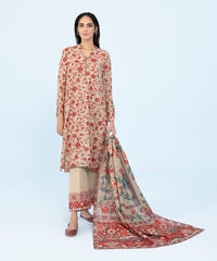 3 PIECE - PRINTED CAMBRIC SUIT_Beige And Red