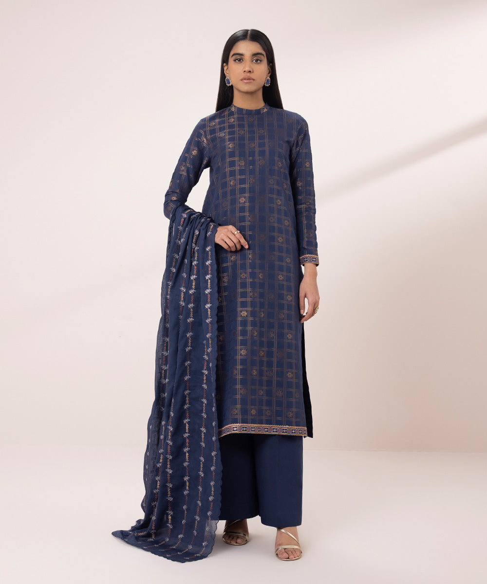 3 PIECE - EMBROIDERED JACQUARD SUIT-Unstitched-026