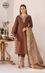 BROWN LUXURY DELIGHT - 3 PCS EMBROIDERED