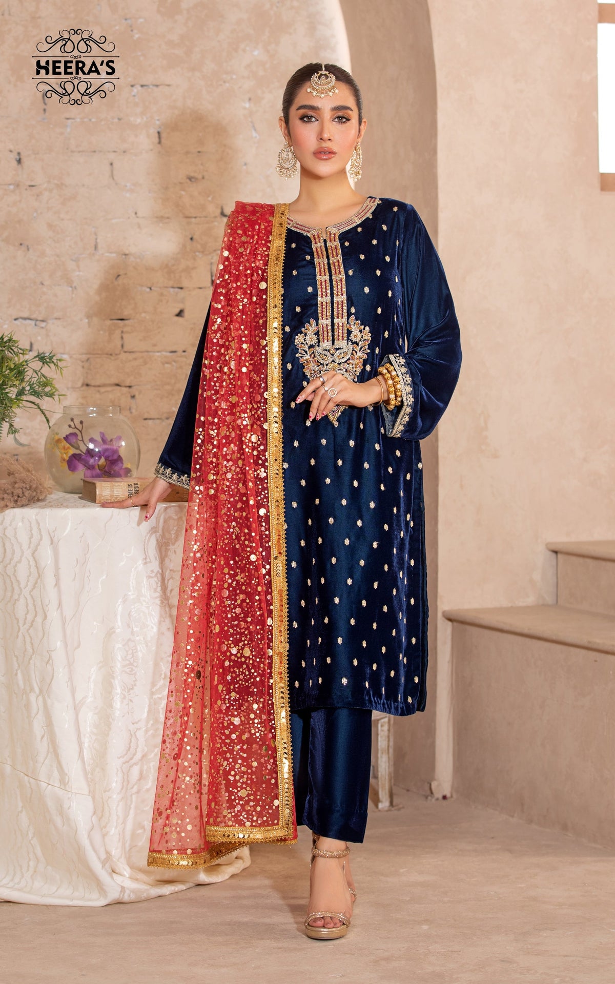 ROYAL VELVET BLUE AURA - 3 PCS EMBROIDERED