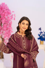 3 Piece Embroidered khaddar Suit - Burgundy