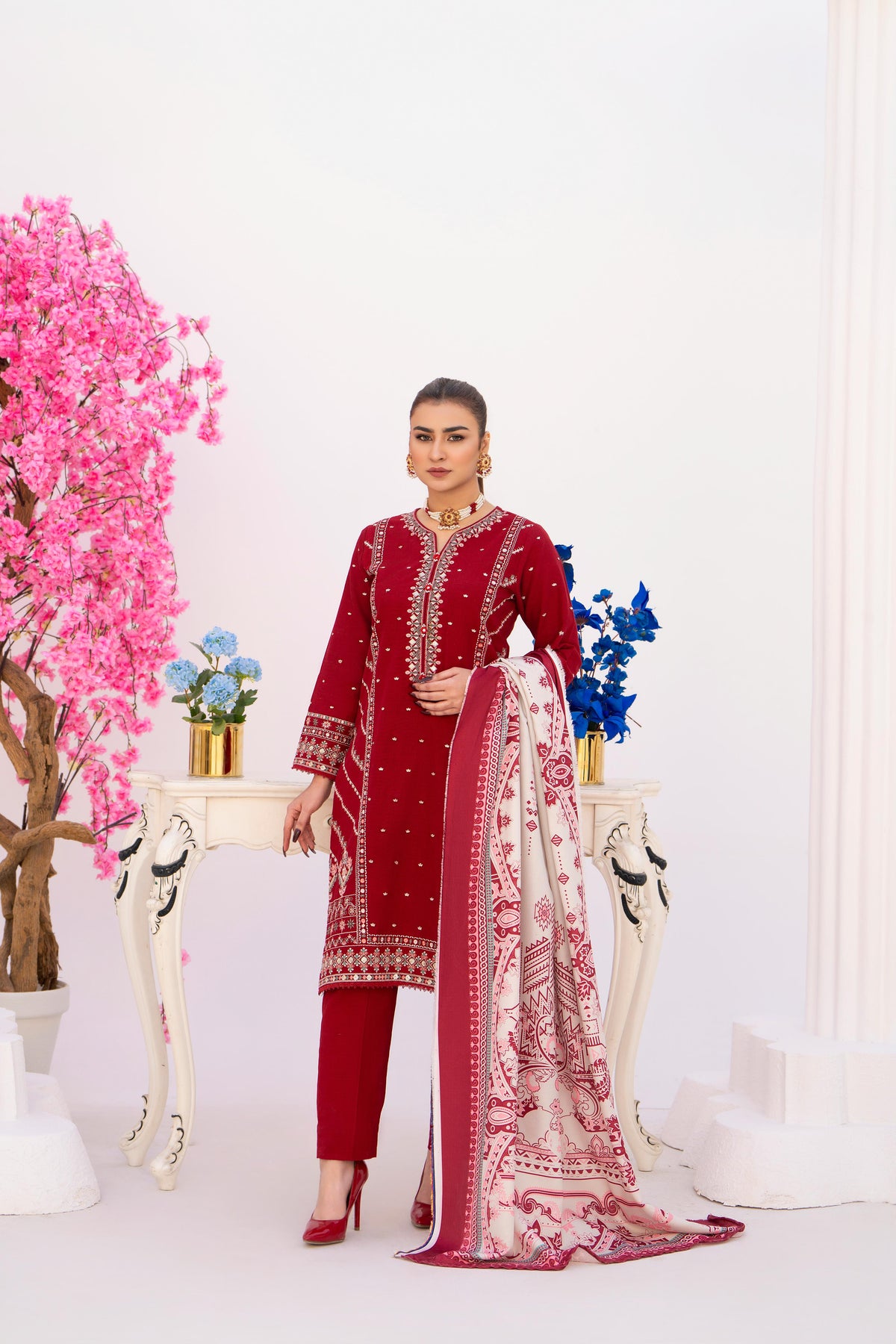 3 Piece Embroidered khaddar Suit - Red