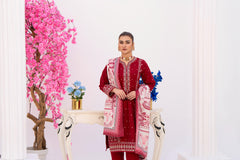 3 Piece Embroidered khaddar Suit - Red