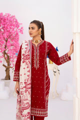 3 Piece Embroidered khaddar Suit - Red