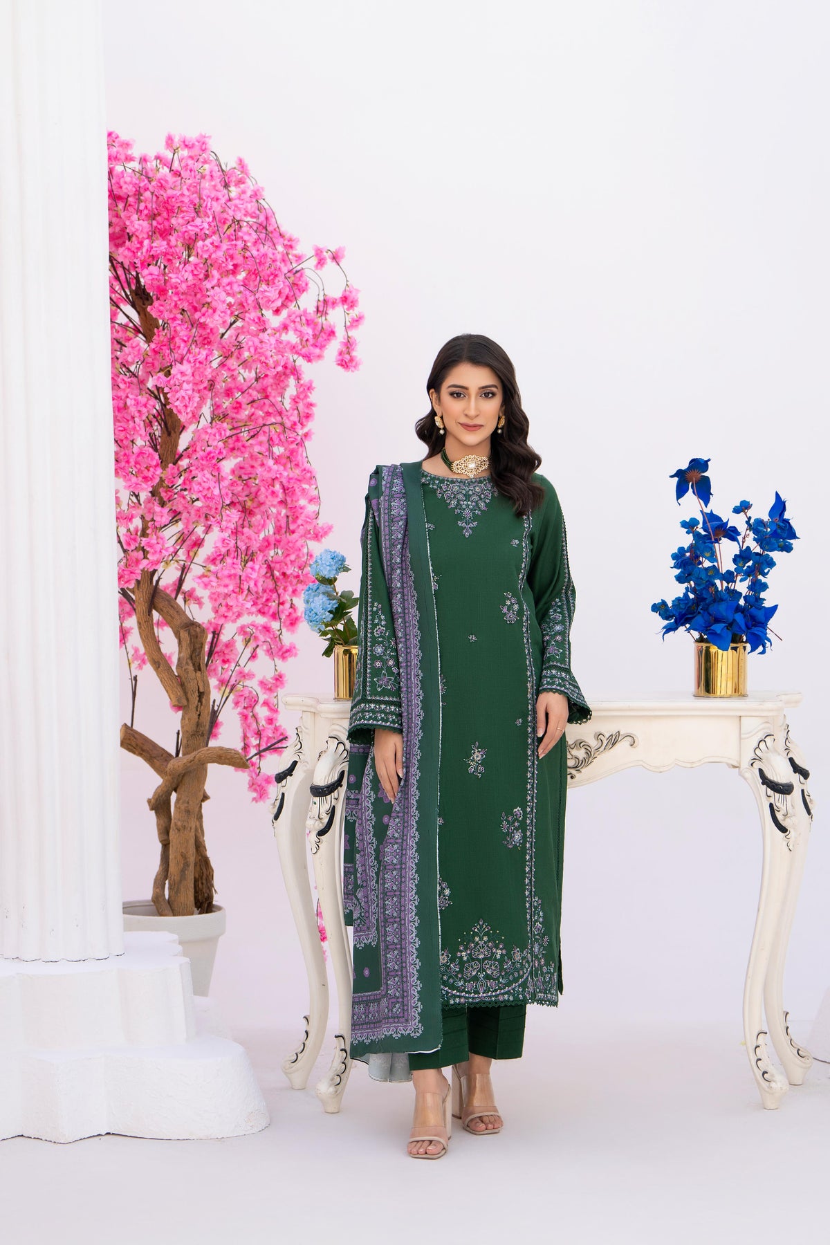 3 Piece Embroidered khaddar Suit - Green