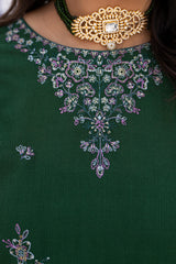 3 Piece Embroidered khaddar Suit - Green